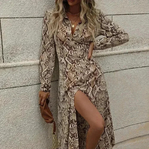 Multicolor Casual Womens Snakeskin Print Button Front Shirt Dress - Picture 5 of 5